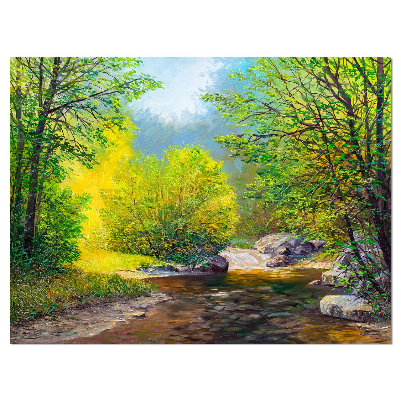 Designart - Summer Forest in Beautiful River - Landscapes Painting Print on Wrapped Canvas